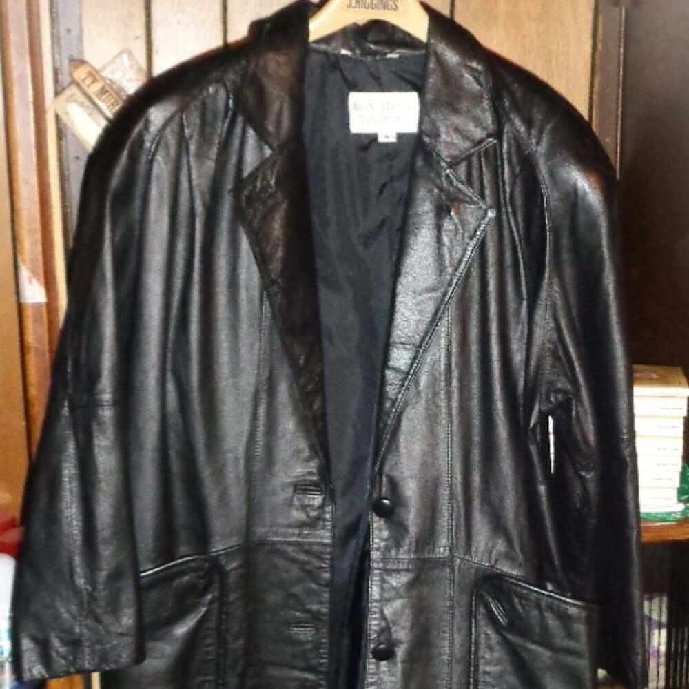 XRARE-GORGEOUS BRANDEN THOMAS 100% DEP BLACK LEATHER FULL LENGTH COAT!EXCELLENT!